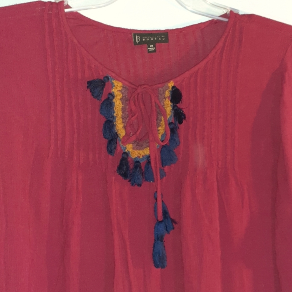 Collection by bobeau Burgundy Blue Peasant Top Plus 2x